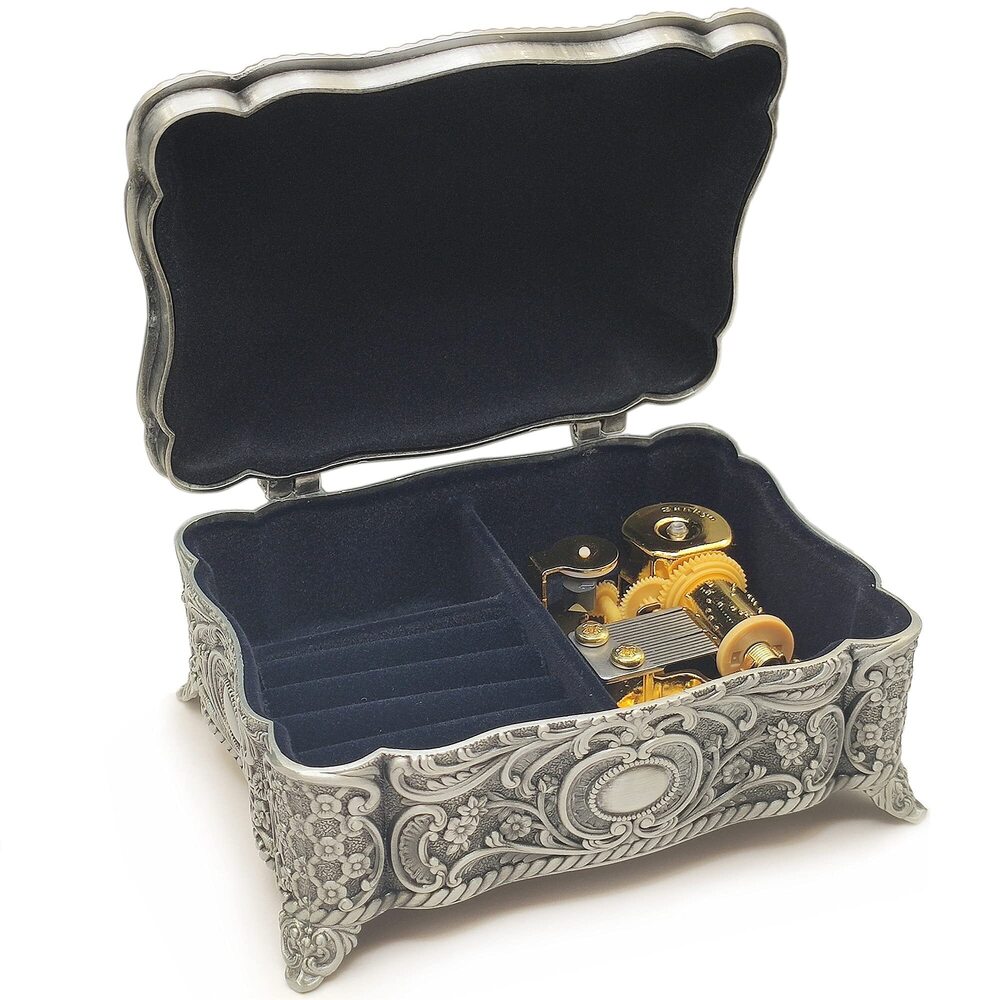 7694 Antique Emboss Alloy Metal Jewelry Music Box Wind Up and Golden